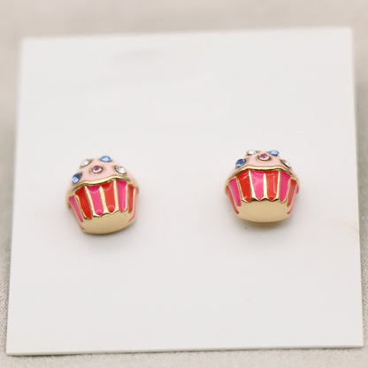 24K Solid Gold Plated Diamond Earrings Enamel Cupcakes Pendant