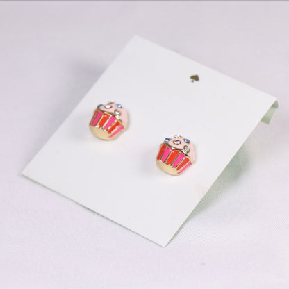 24K Solid Gold Plated Diamond Earrings Enamel Cupcakes Pendant