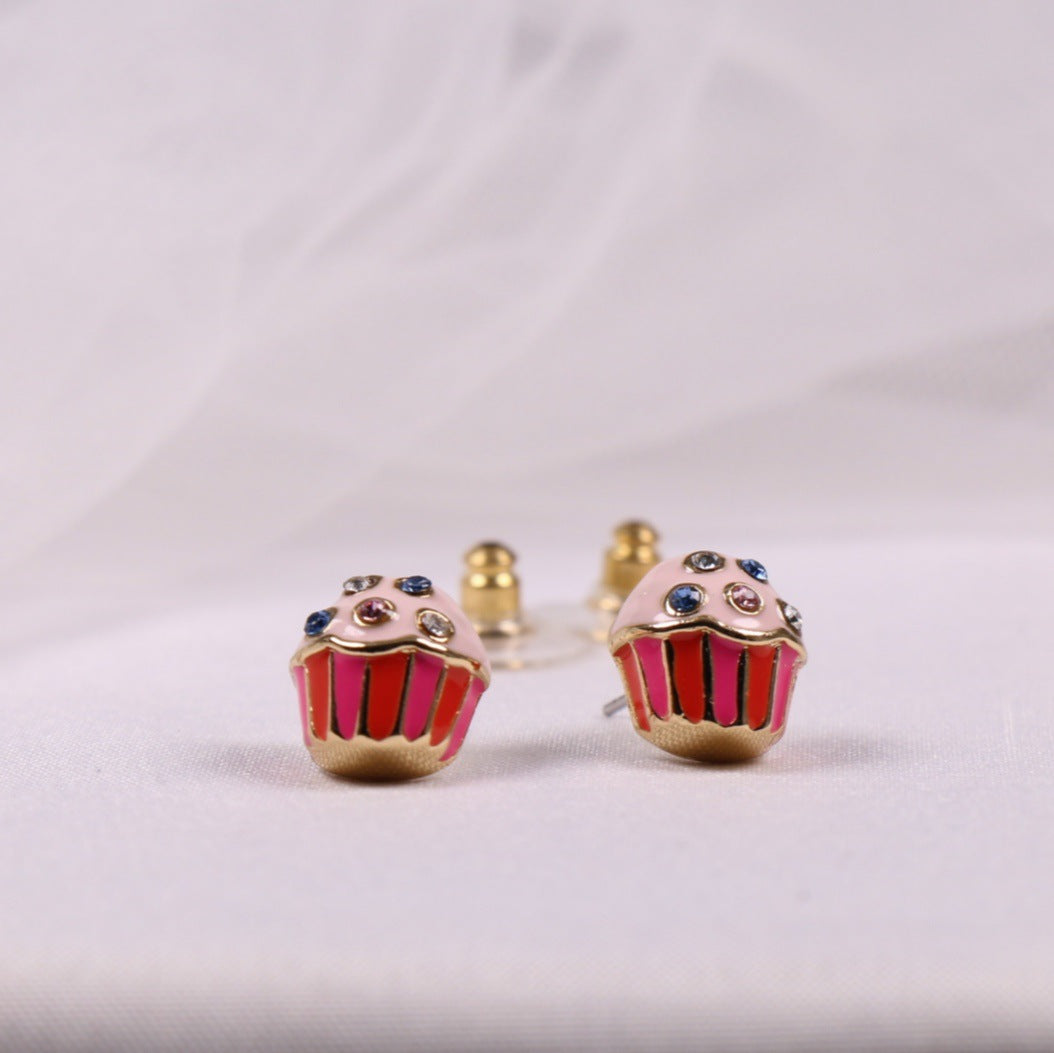 24K Solid Gold Plated Diamond Earrings Enamel Cupcakes Pendant