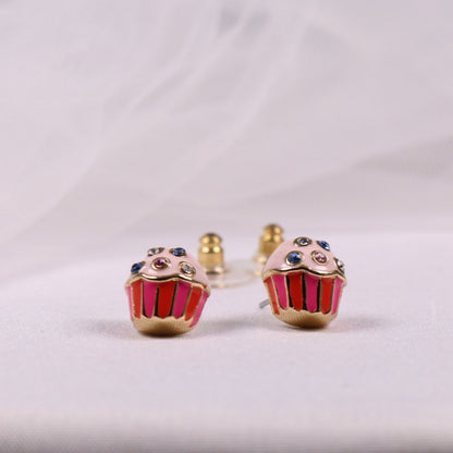 24K Solid Gold Plated Diamond Earrings Enamel Cupcakes Pendant