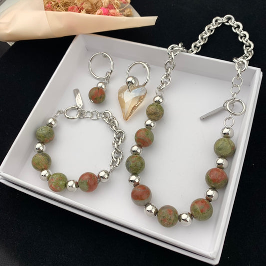 Crystal Gems Beads Necklace Bracelet Earrings Jewelry Set