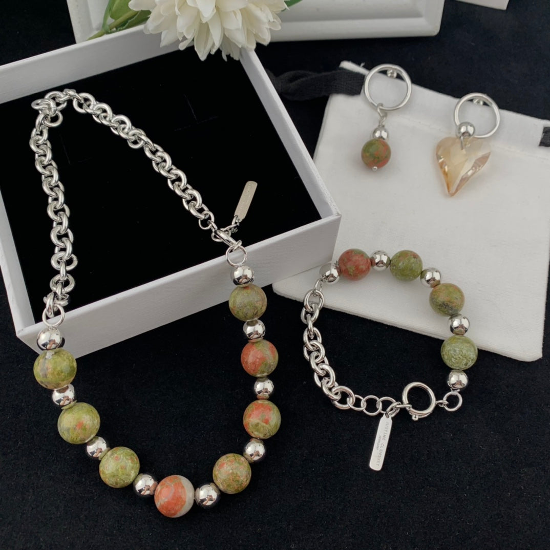 Crystal Gems Beads Necklace Bracelet Earrings Jewelry Set