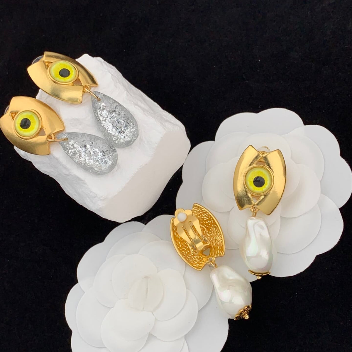 24K Gold Plated Eye Earrings Pearls Crystal Pendant