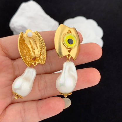 24K Gold Plated Eye Earrings Pearls Crystal Pendant