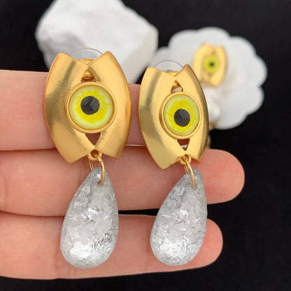 24K Gold Plated Eye Earrings Pearls Crystal Pendant