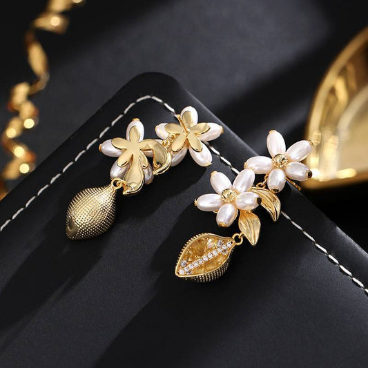 24k Gold Plated Flower Pearls Drop Earrings