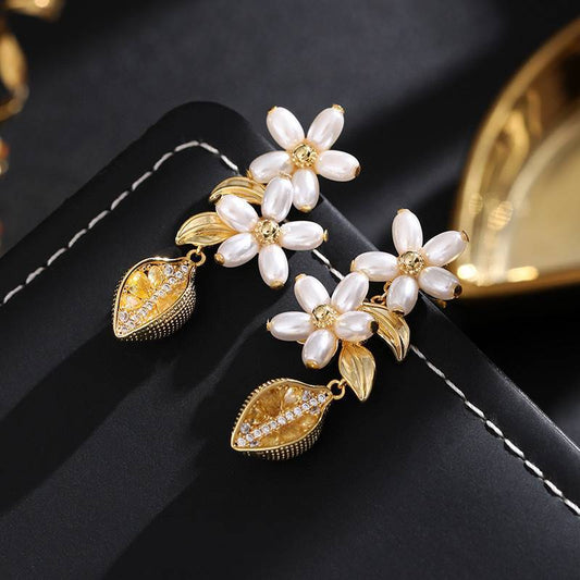 24k Gold Plated Flower Pearls Drop Earrings