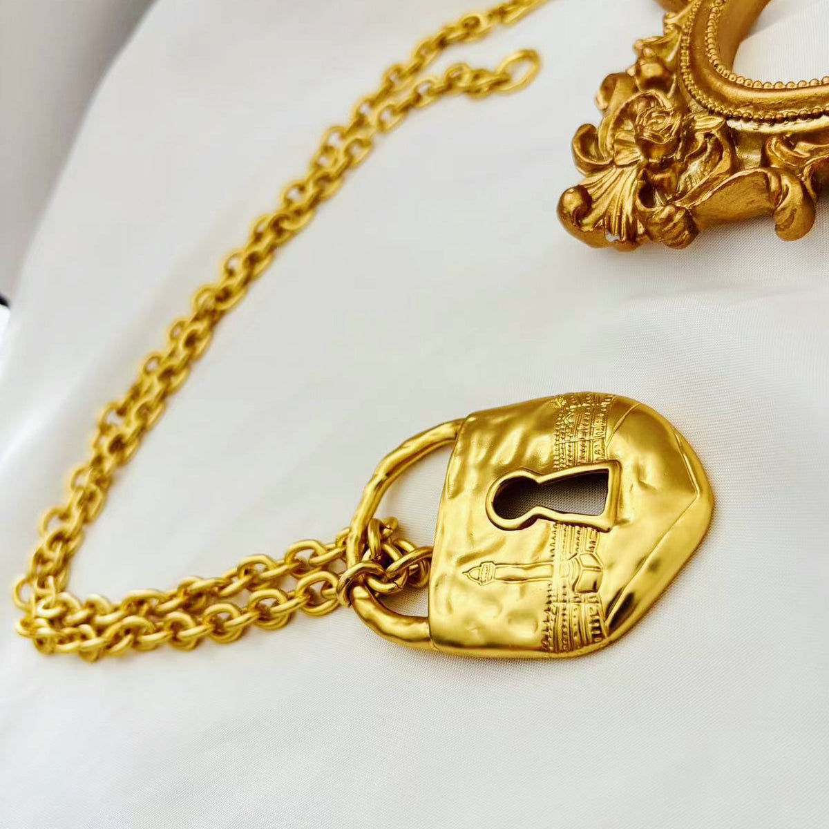 24K Gold Plated Hypoallergenic Brass Padlock Chain Necklace