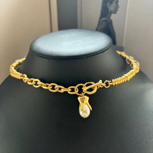 24K Gold Plated Hypoallergenic Copper Pearl Diamond Mouth Pendant Necklace