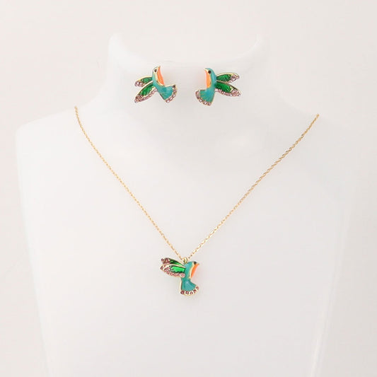 24K Gold Plated Necklace Earrings With Diamonds Hummingbird