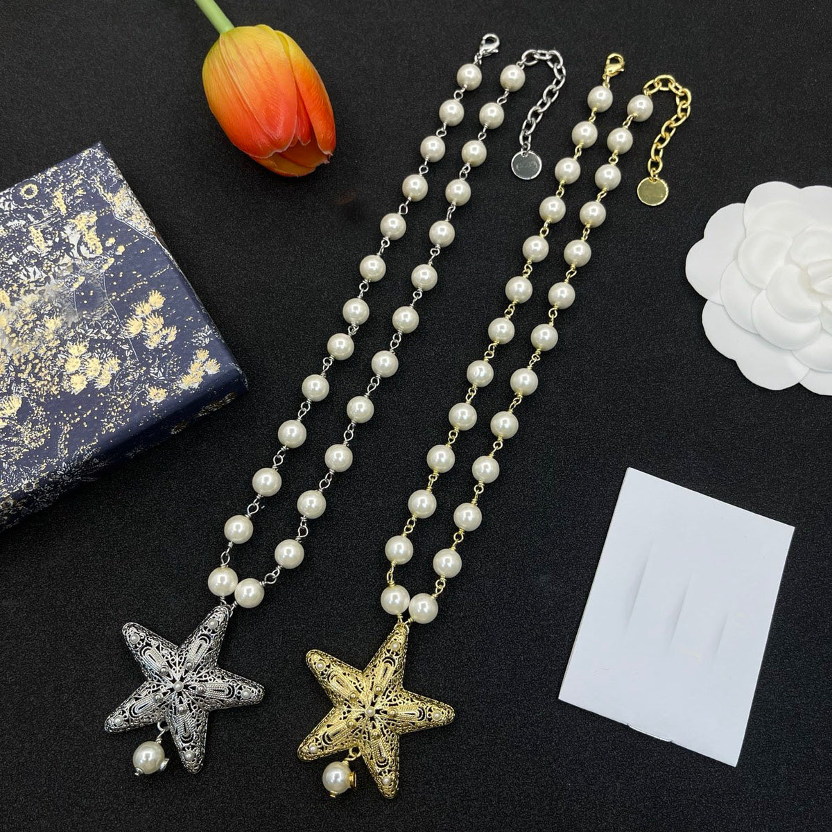 24K Gold Plated Star Pendant Pearls Necklace