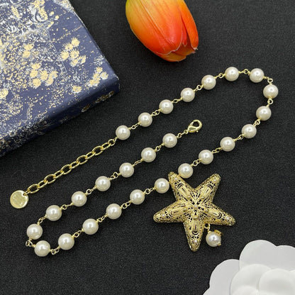 24K Gold Plated Star Pendant Pearls Necklace