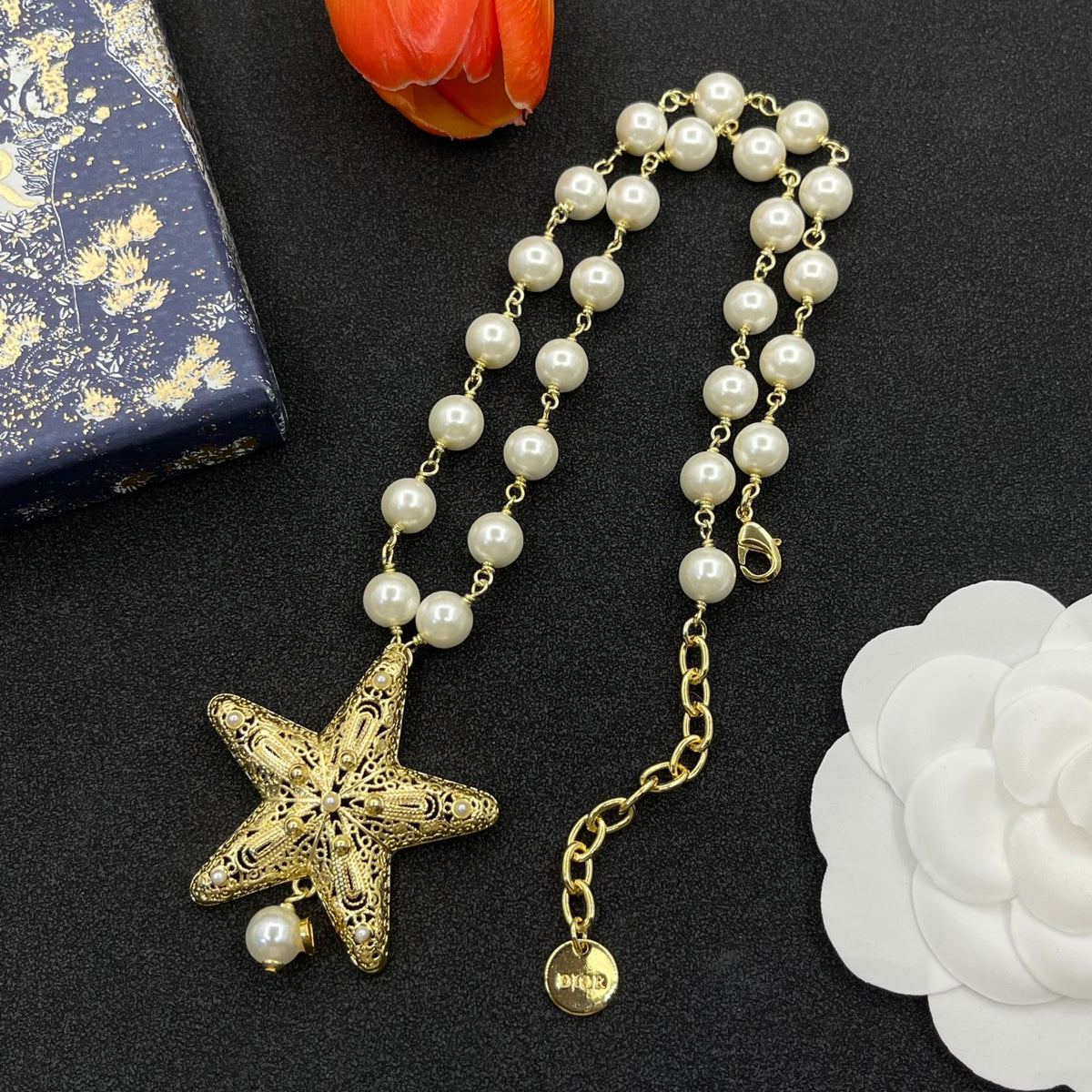 24K Gold Plated Star Pendant Pearls Necklace