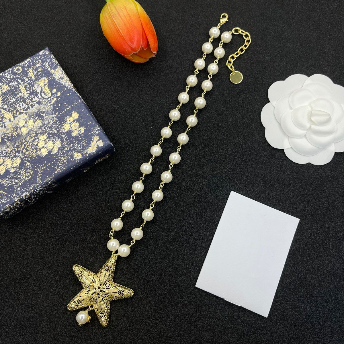 24K Gold Plated Star Pendant Pearls Necklace