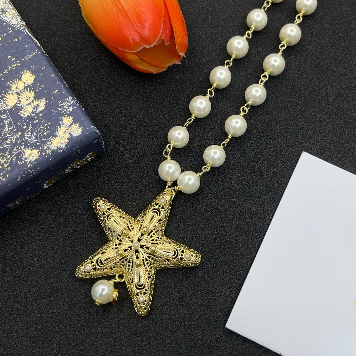 24K Gold Plated Star Pendant Pearls Necklace