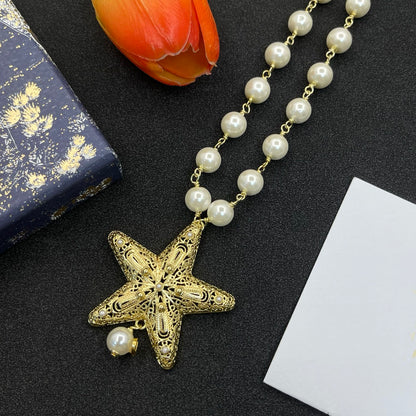 24K Gold Plated Star Pendant Pearls Necklace