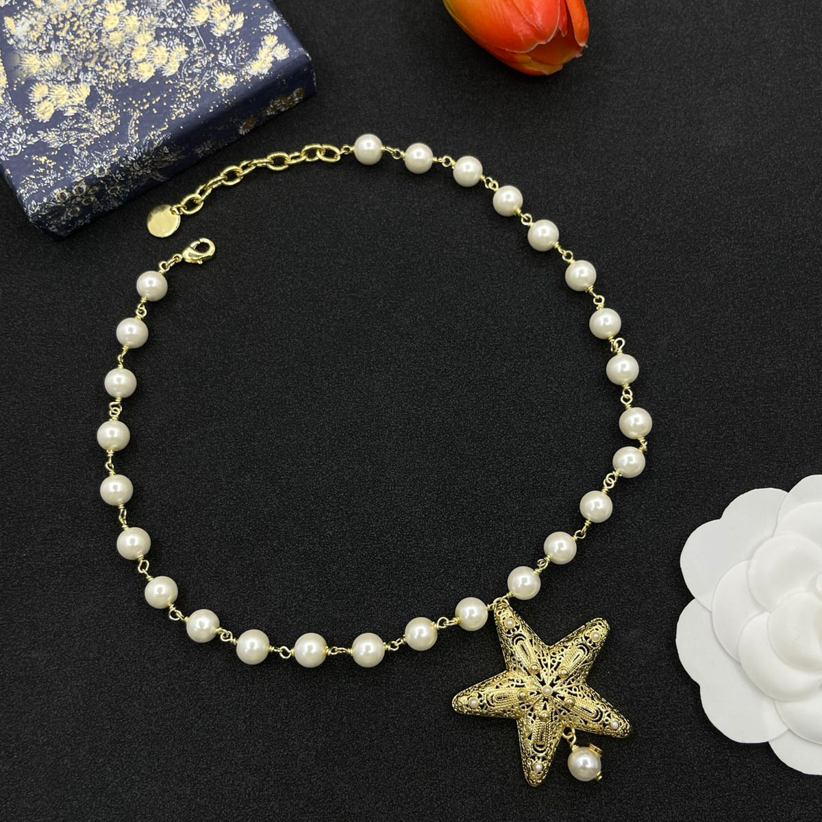 24K Gold Plated Star Pendant Pearls Necklace