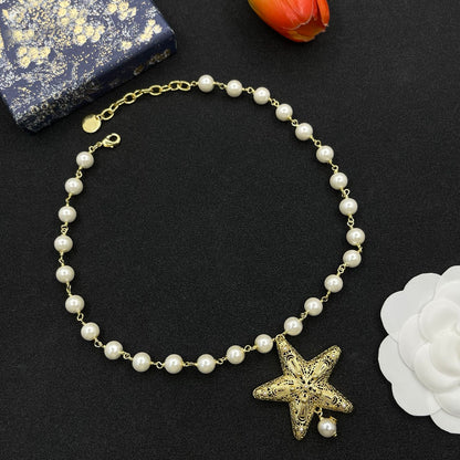 24K Gold Plated Star Pendant Pearls Necklace