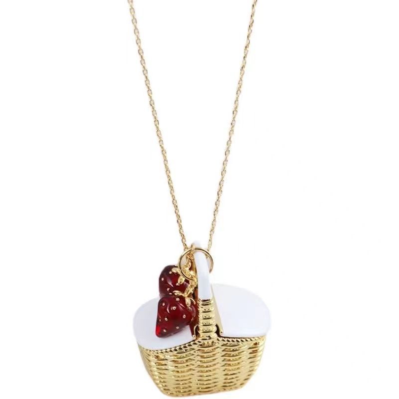 24K Solid Gold Plated Basket And Strawberry Pendant Necklace