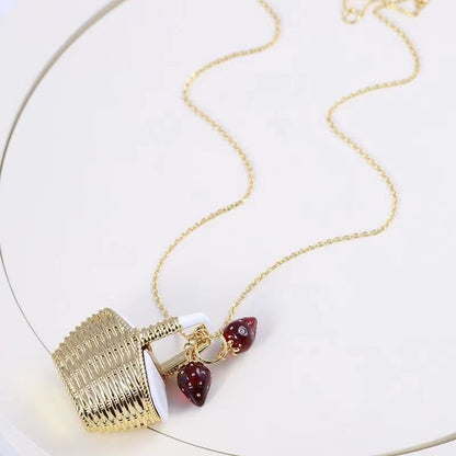 24K Solid Gold Plated Basket And Strawberry Pendant Necklace