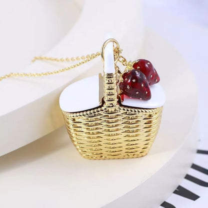 24K Solid Gold Plated Basket And Strawberry Pendant Necklace