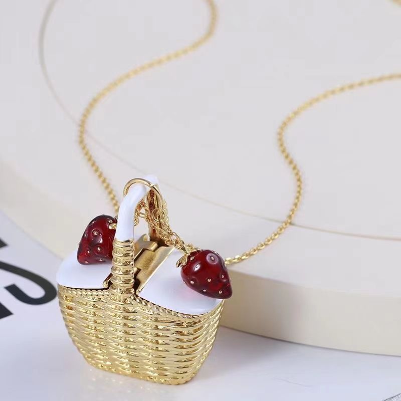 24K Solid Gold Plated Basket And Strawberry Pendant Necklace