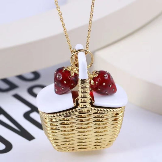 24K Solid Gold Plated Basket And Strawberry Pendant Necklace