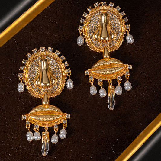 24K Solid Gold Plated Freshwater Pearls Earrings With Mouth Nose Shape