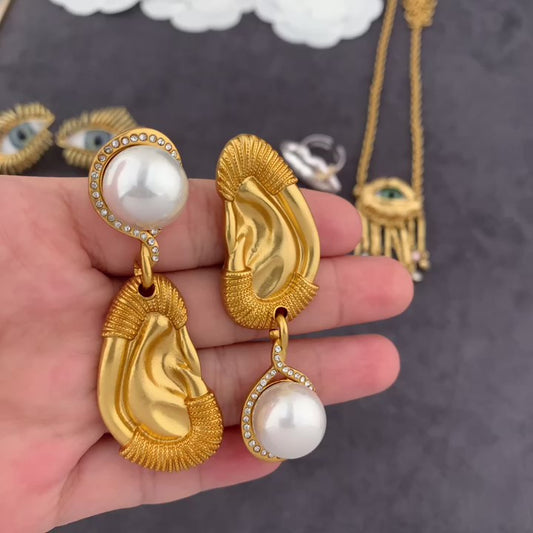 24K Solid Gold Plated Pearl Diamond Earrings