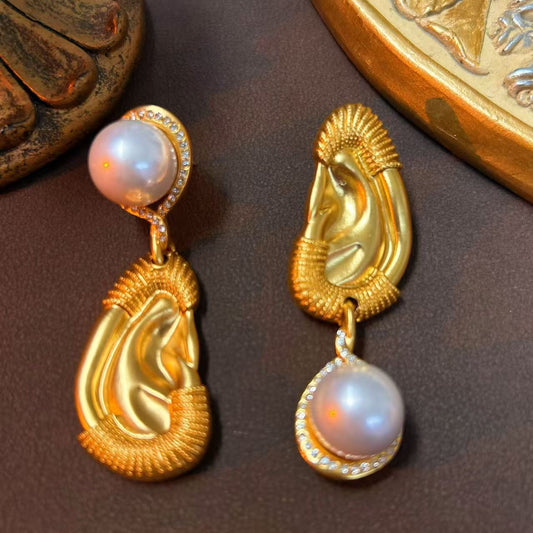 24K Solid Gold Plated Pearl Diamond Earrings