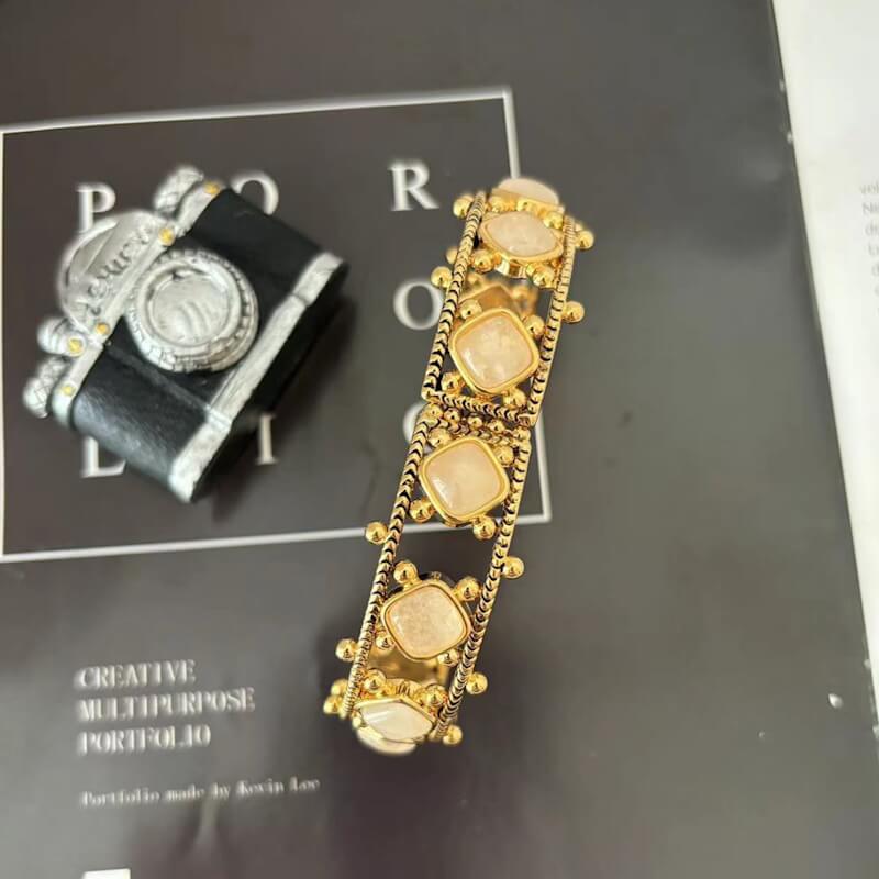 24k Gold Plated Bracelet With Agate And Gemstones, Hypoallergenic Vintage Jewelry