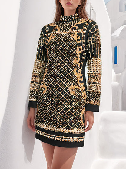 Party Turtleneck Beaded Floral Bodycon Mini Dresses