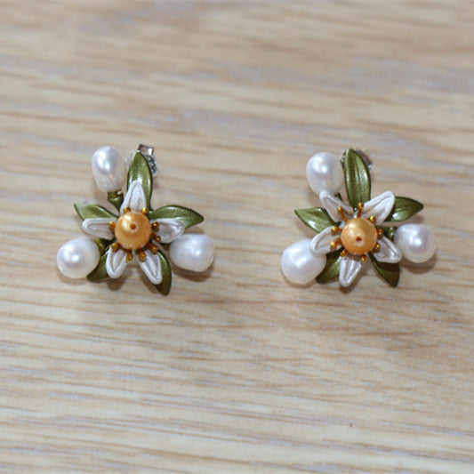 Genuine Freshwater Pearls Flower Earrings With Silver Needle
