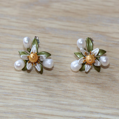 Genuine Freshwater Pearls Flower Earrings With Silver Needle