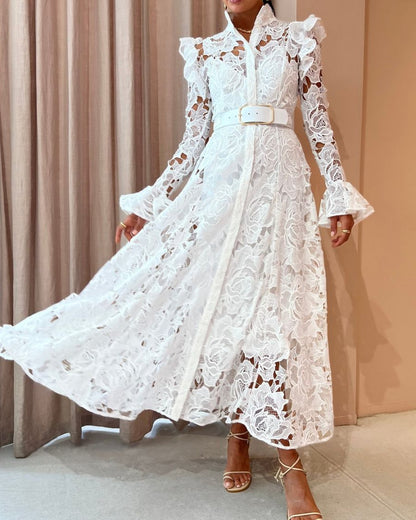 Floral Embroidered Crochet Stand Collar Midi Dresses