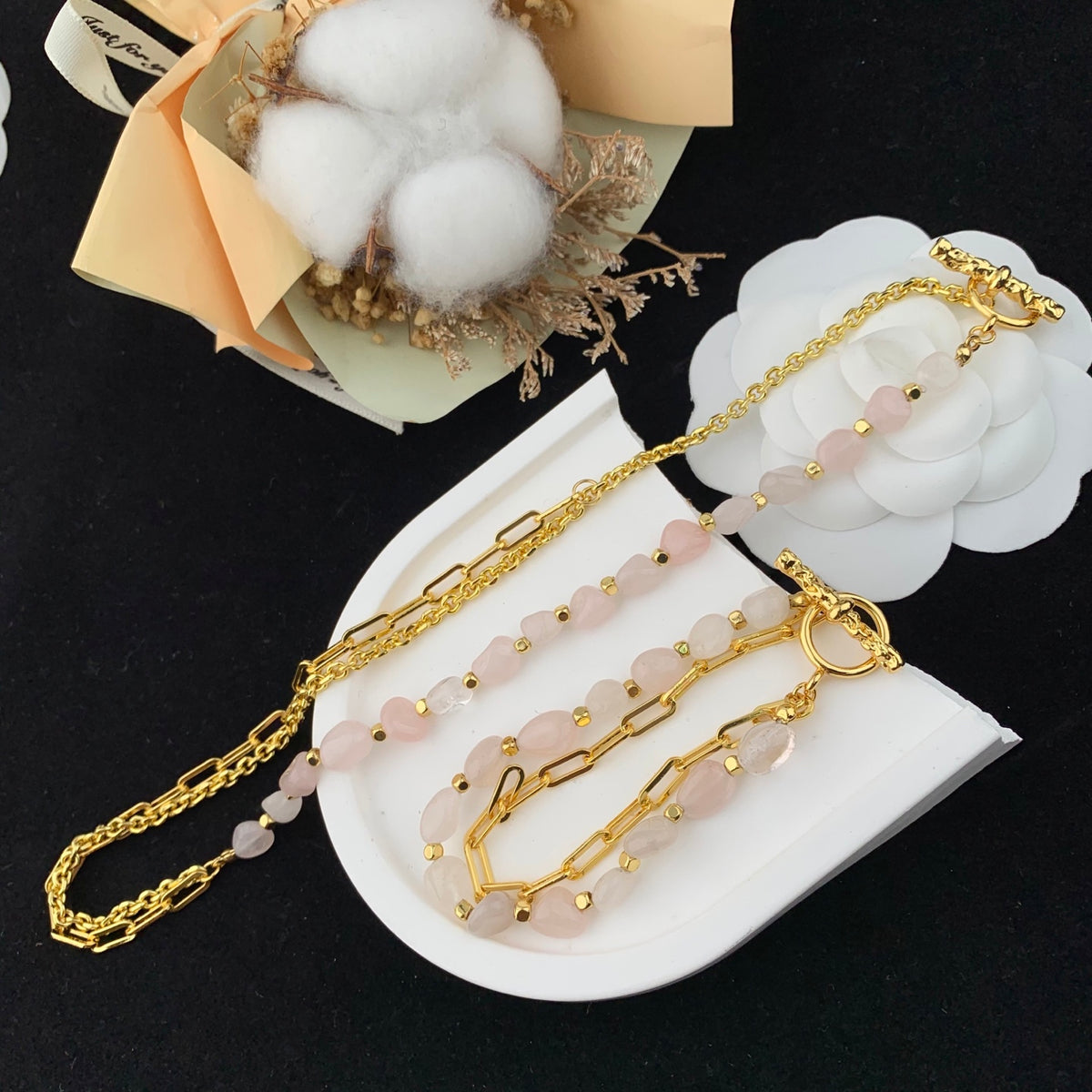 Pink Jewelry Set Zircon Gold Beads Necklace Bracelet