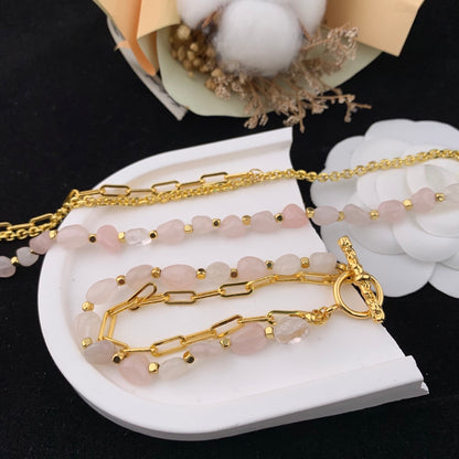 Pink Jewelry Set Zircon Gold Beads Necklace Bracelet