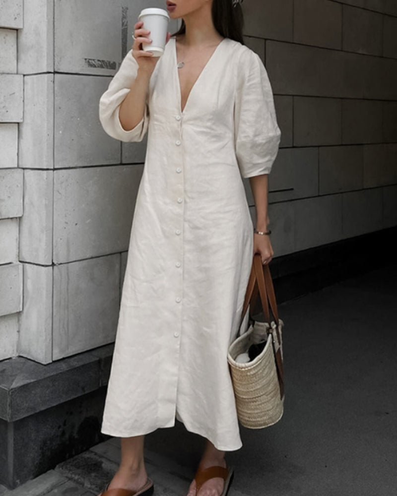 Backless Work It Bubble Sleeve Linen Midi Dresses