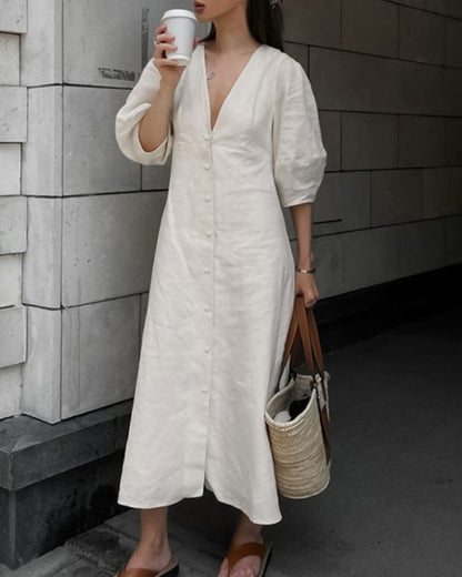 Backless Work It Bubble Sleeve Linen Midi Dresses