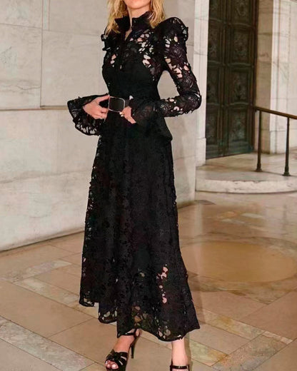 Floral Embroidered Crochet Stand Collar Midi Dresses