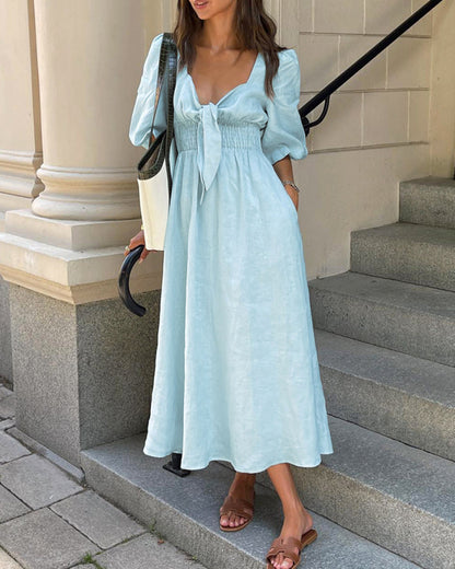 V Neck Tie Elastic Waist Bubble Sleeve Linen Midi Dresses