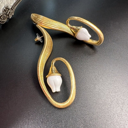 925 Silver Needle Flower Curved Earrings Hypoallergenic Copper Gold-Plated Jewelry