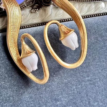925 Silver Needle Flower Curved Earrings Hypoallergenic Copper Gold-Plated Jewelry