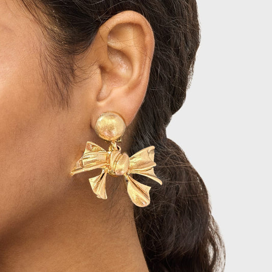 Vintage Gold Bow Knot Designer Drop Earrings Clip on Earrings