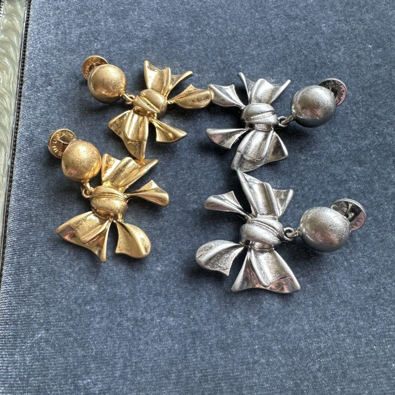 Vintage Gold Bow Knot Designer Drop Earrings Clip on Earrings