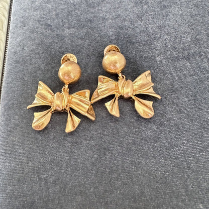 Vintage Gold Bow Knot Designer Drop Earrings Clip on Earrings