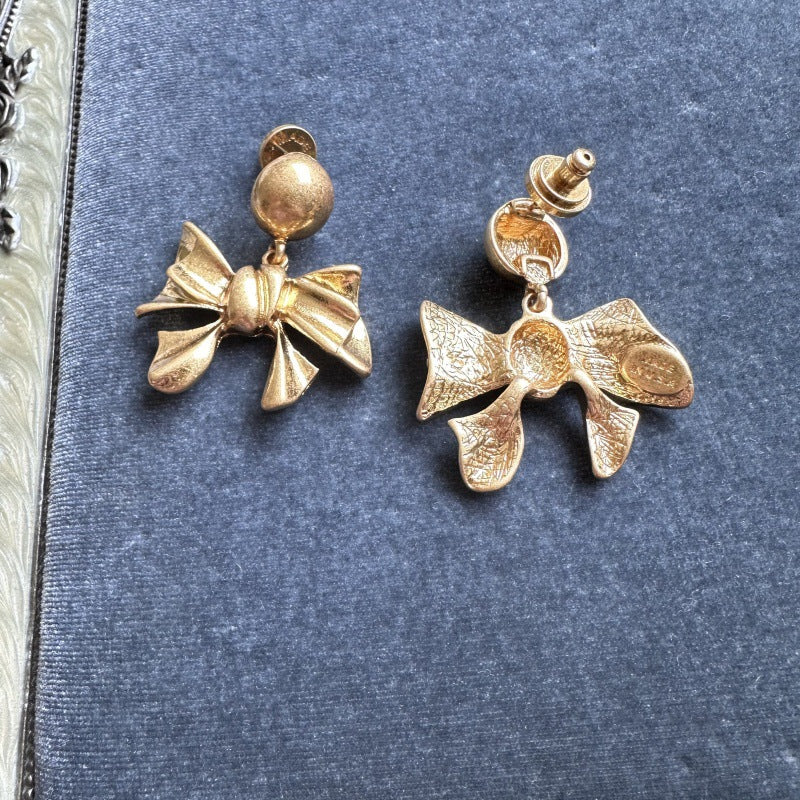 Vintage Gold Bow Knot Designer Drop Earrings Clip on Earrings