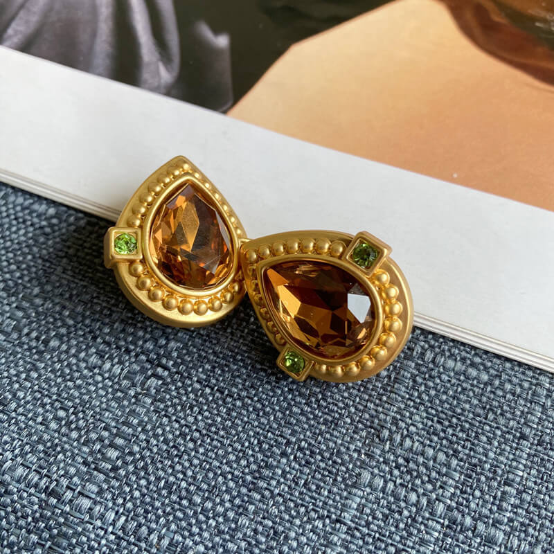 Colored Crystal Clip On Earrings Hypoallergenic Brass Gold Plated Glass Earring