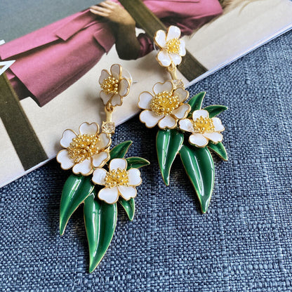 Enamel Glaze Flower Leaves Shaped Drop Earrings Hypoallergenic Gold Plated Crystal Jewelry