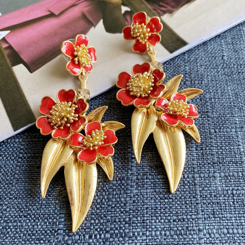 Enamel Glaze Flower Leaves Shaped Drop Earrings Hypoallergenic Gold Plated Crystal Jewelry